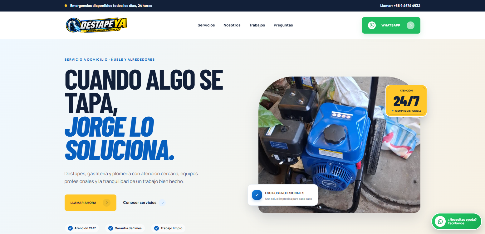 Sitio web Destape Ya para servicios de plomería de emergencia